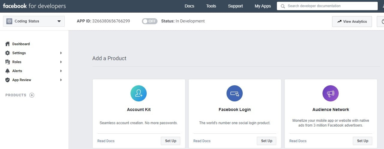 facebook app dashboard