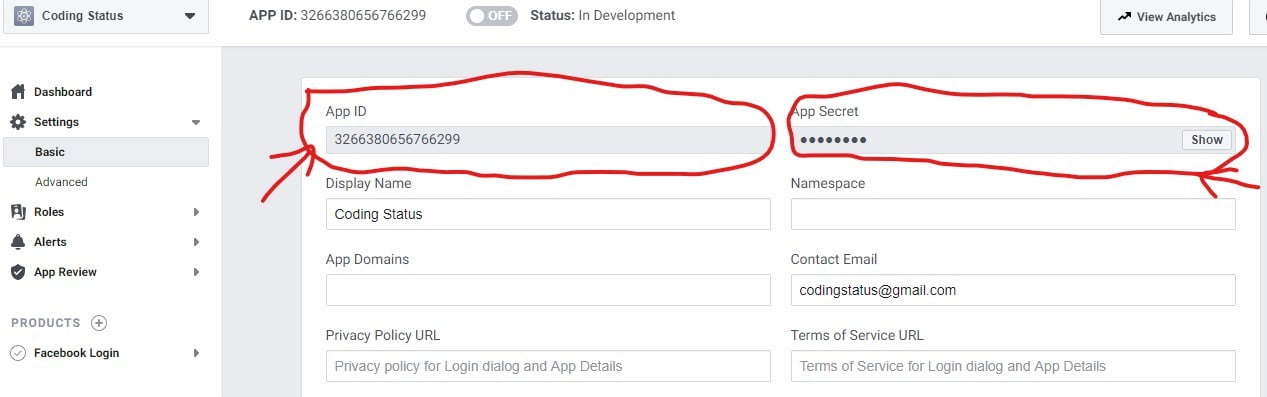 facebook app id and secret key